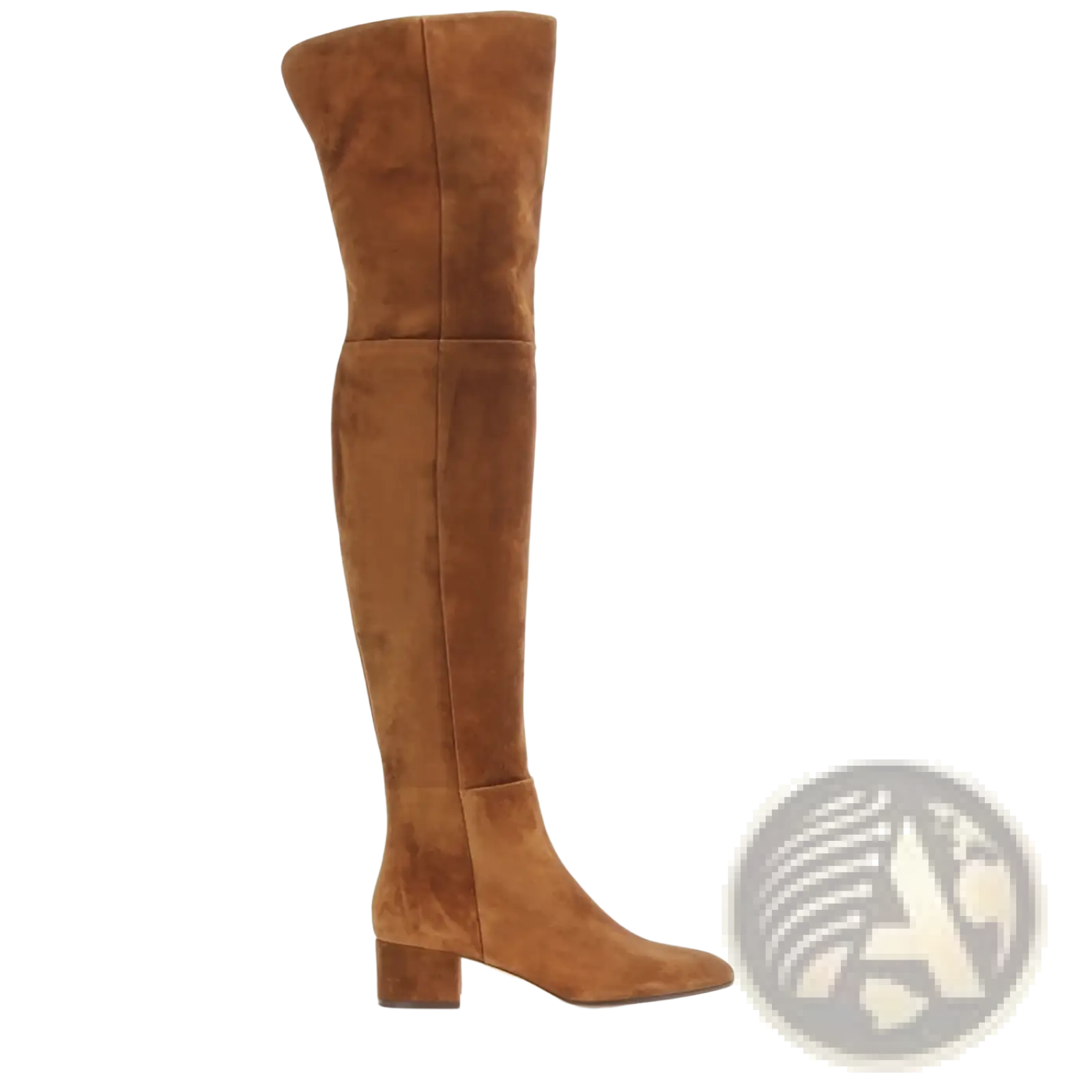 Tan suede over the knee boot with a low block heel shown from the backside for stylish comfortable wear