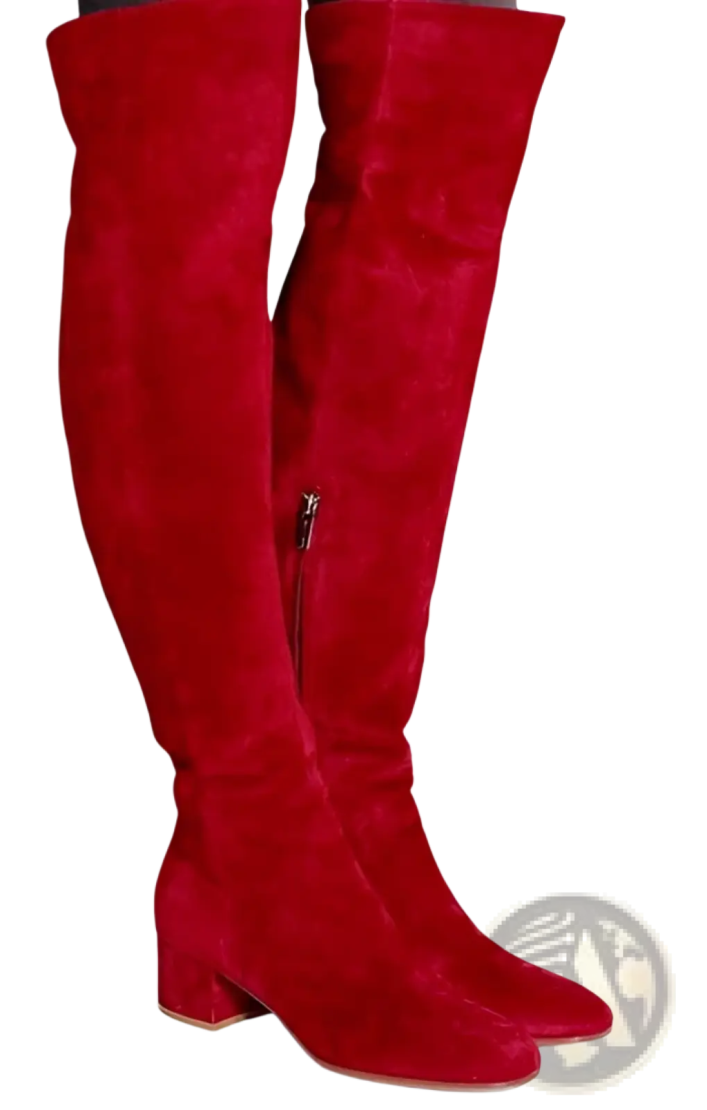 Red suede over the knee boots with low block heel showcasing the front view and textured material details
