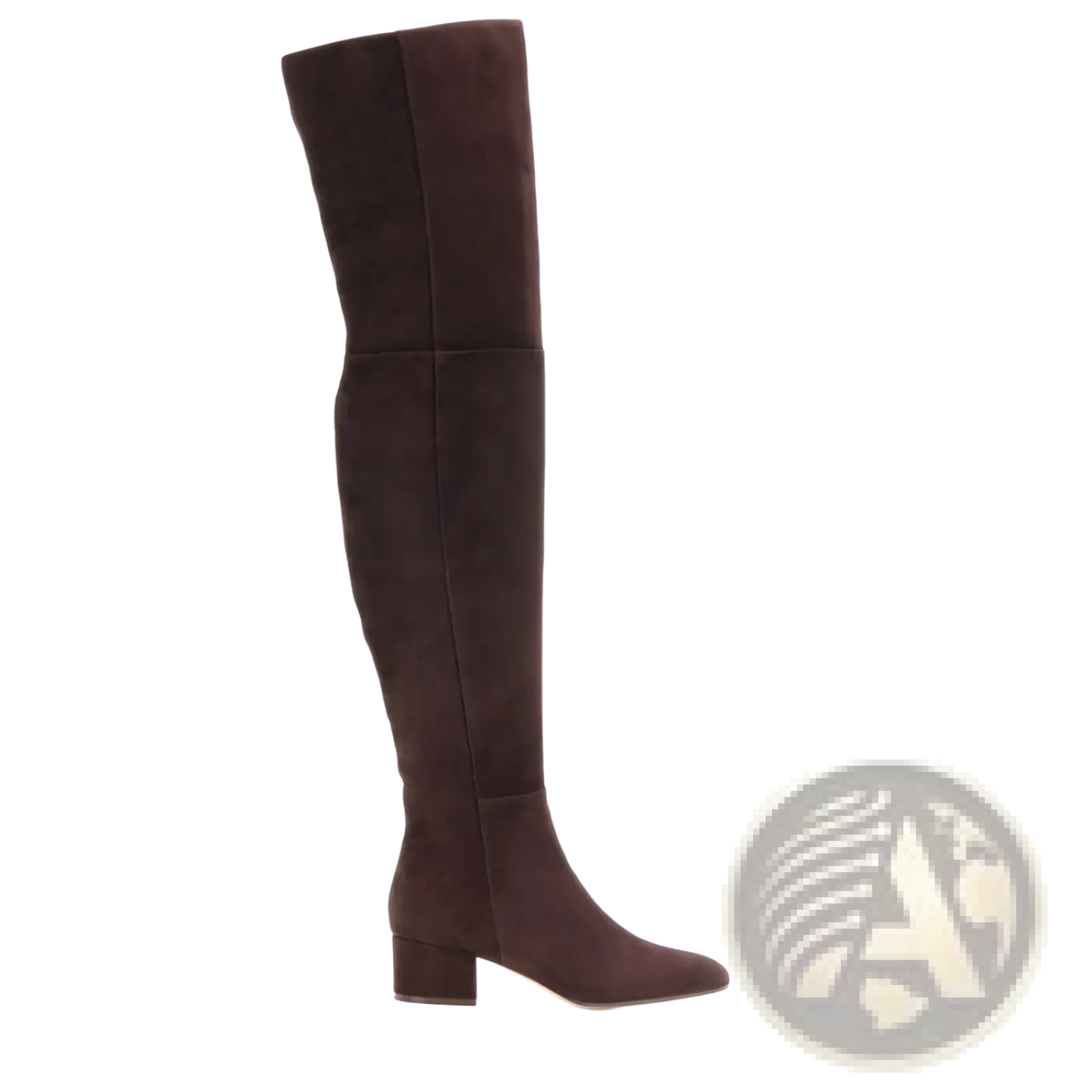 A sleek dark brown suede over the knee boot with a low block heel for stylish comfortable wear