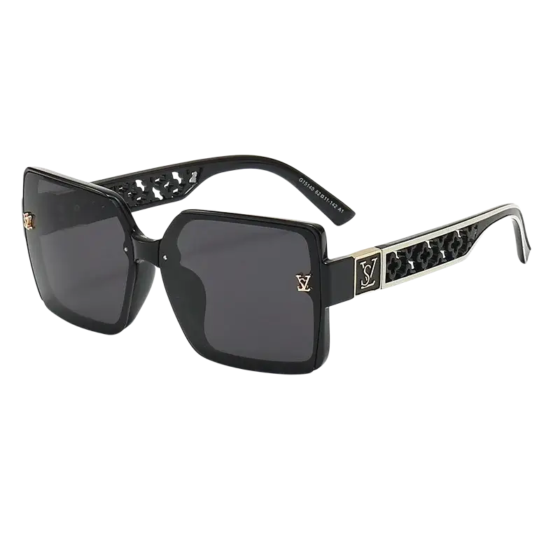 Oversize square black sunglasses with gold-tone lv logo and cut-out pattern temples uv400 unisex designer shades