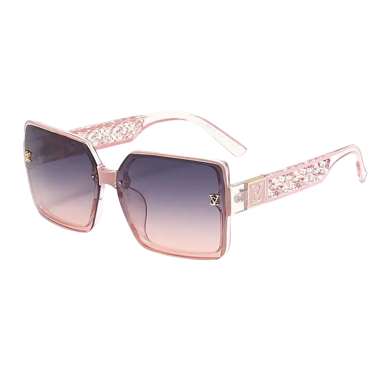 Oversize square sunglasses with pink frames, gradient lenses, crystal temples, and gold-tone designer logo detail