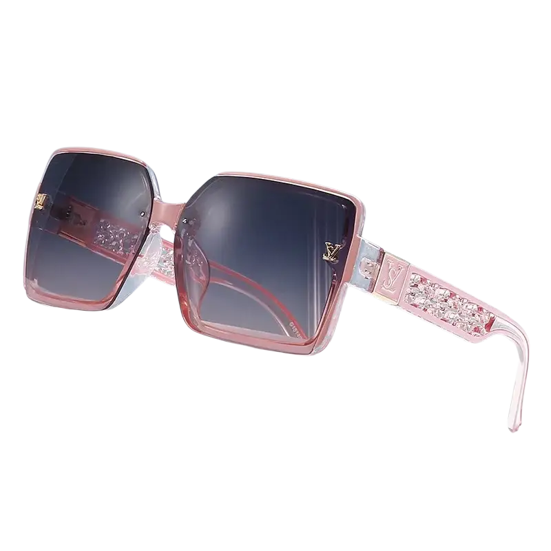 Oversize square pink sunglasses with crystal embellishments and gold-tone lv logos unisex uv400 designer shades