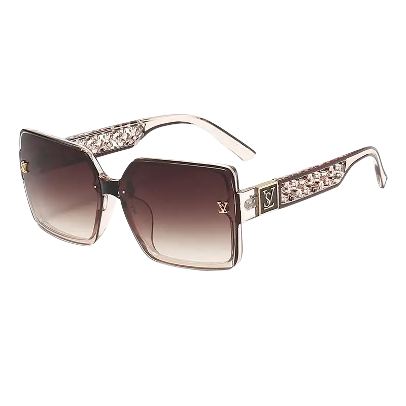 Oversize square brown gradient uv400 sunglasses with crystal-embellished arms and gold-tone LV logos unisex designer shades