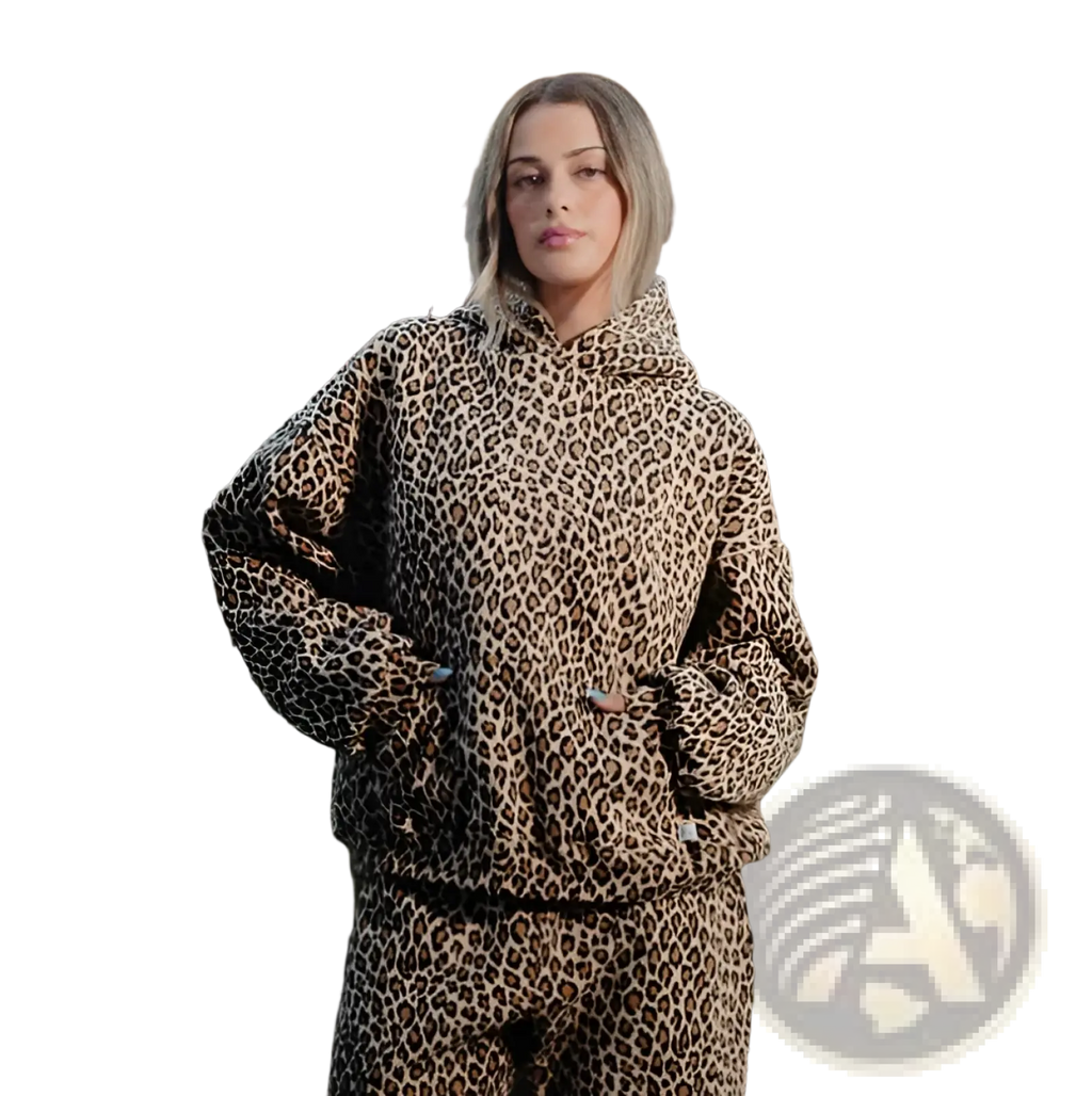 Oversized american vintage leopard print hoodie and pants set in cozy fleece with a classic hooded sweatshirt and matching pants