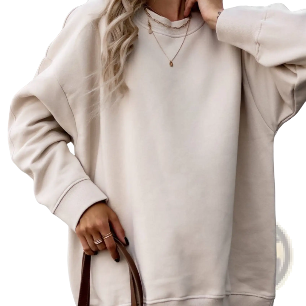 Beige oversized cotton crewneck sweatshirt with relaxed fit and ribbed cuffs for casual wear