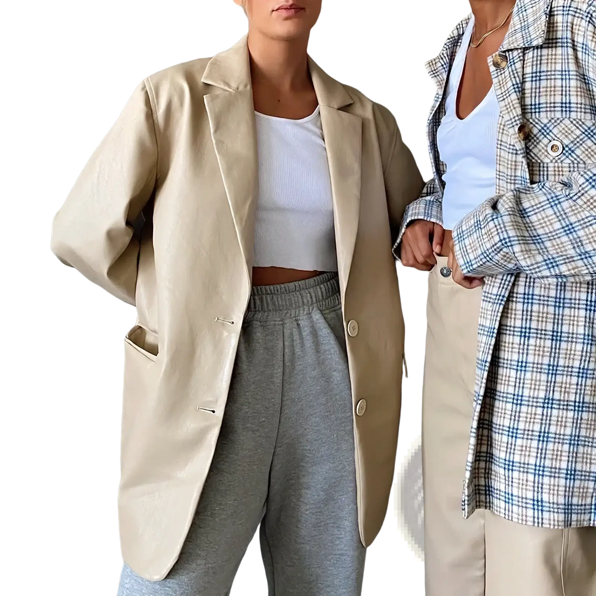 Beige oversized faux leather blazer with relaxed fit and classic double-breasted button closure