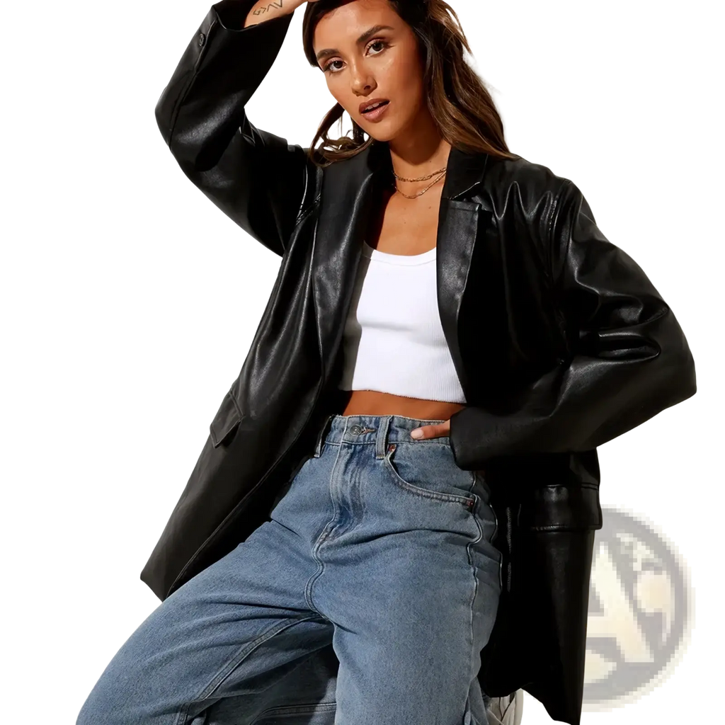Black faux leather blazer with relaxed fit and structured lapels shown from the front for oversized brown style