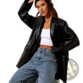 Black faux leather blazer with relaxed fit and structured lapels shown from the front for oversized brown style