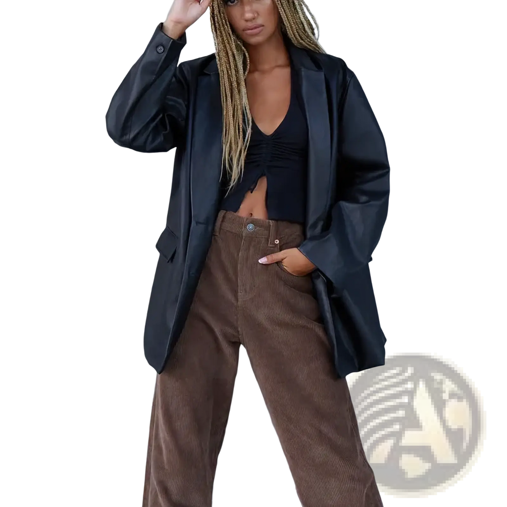 Black satin blazer showcasing sleek fabric texture, complementing the oversized brown faux leather blazer collection