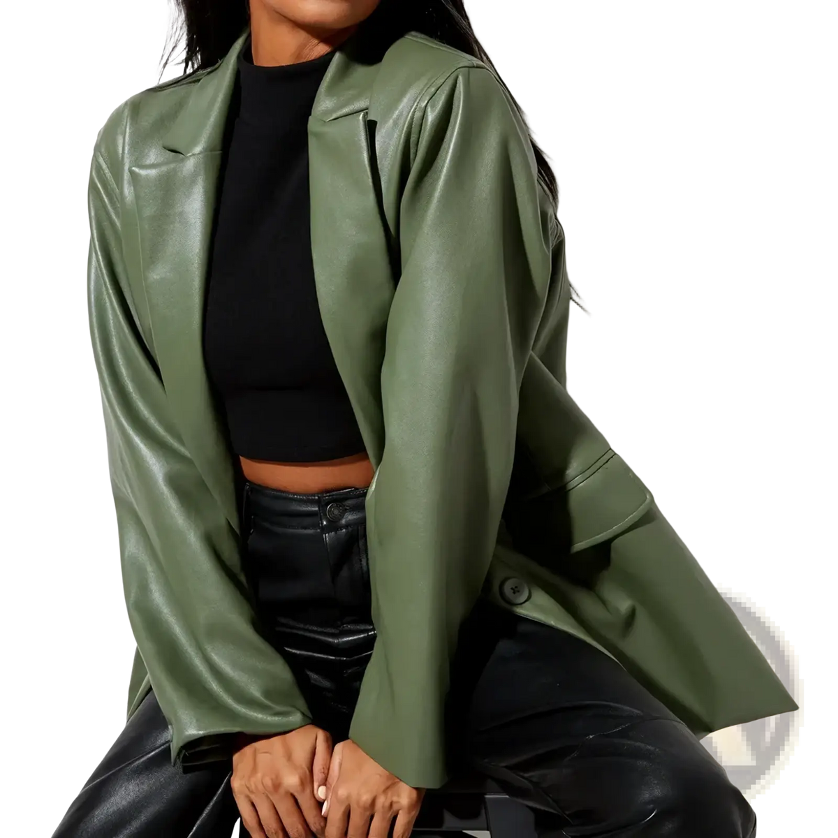Oversized brown faux leather blazer featuring an olive green faux leather front with relaxed fit and structured shoulders