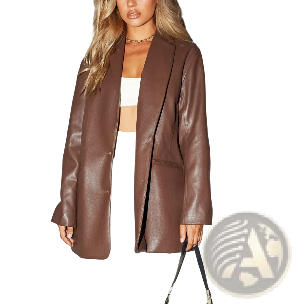 Oversized brown faux leather blazer with a sleek relaxed fit and classic lapel design