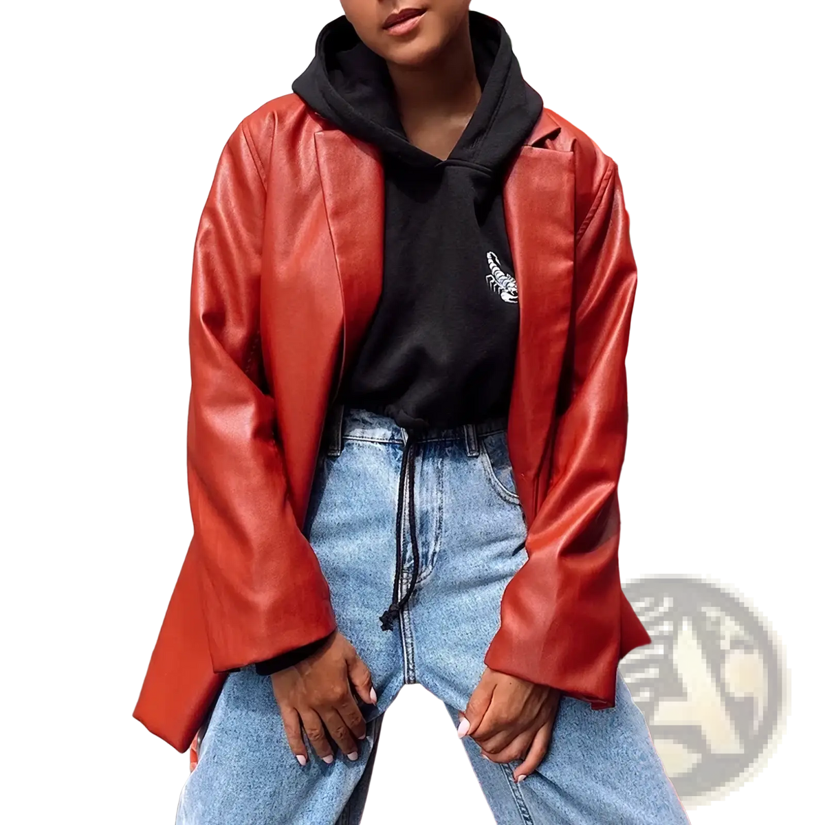 A vibrant red oversized faux leather blazer with a relaxed fit featured in the oversized brown faux leather blazer collection