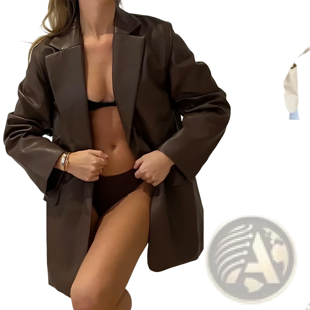 Oversized brown faux leather blazer with a relaxed fit and classic notched lapel design for stylish layering