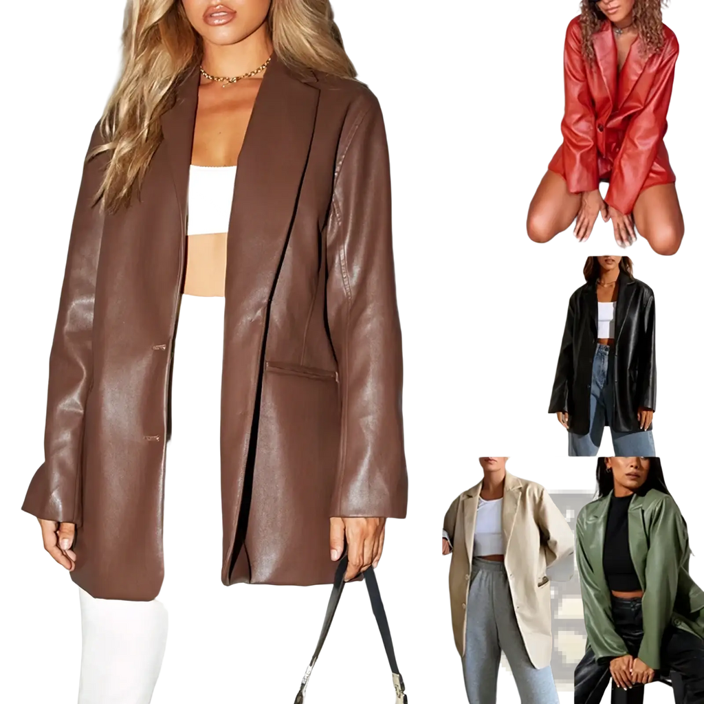 Oversized brown faux leather blazer with a sleek fit and classic double breasted design for stylish layering