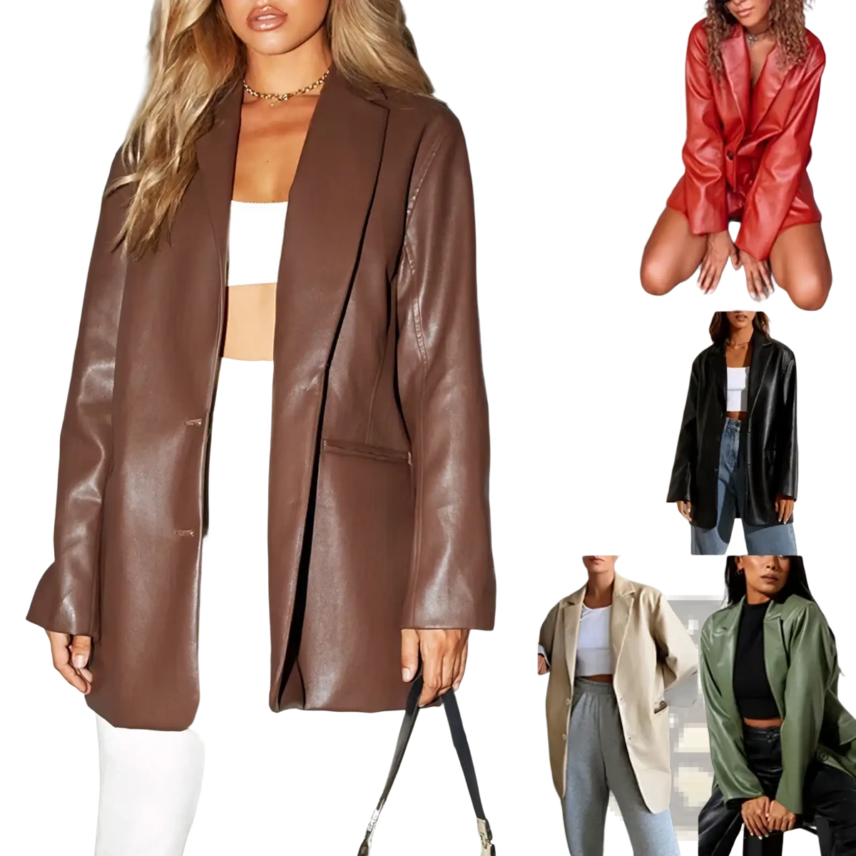 Oversized brown faux leather blazer with a sleek fit and classic double breasted design for stylish layering