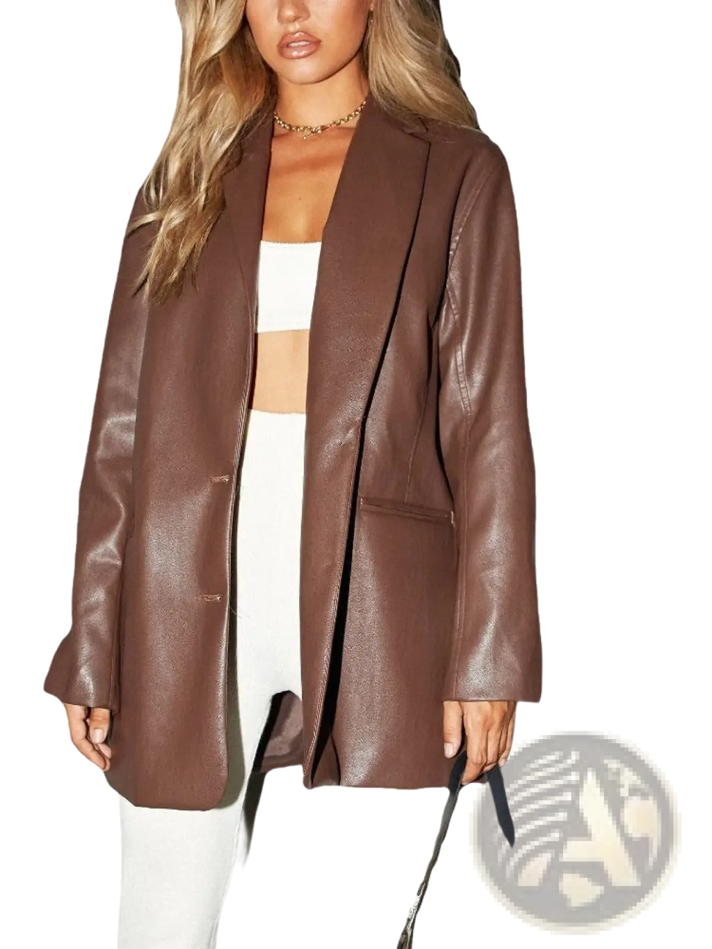 Oversized brown faux leather blazer with a sleek relaxed fit and classic double-breasted design