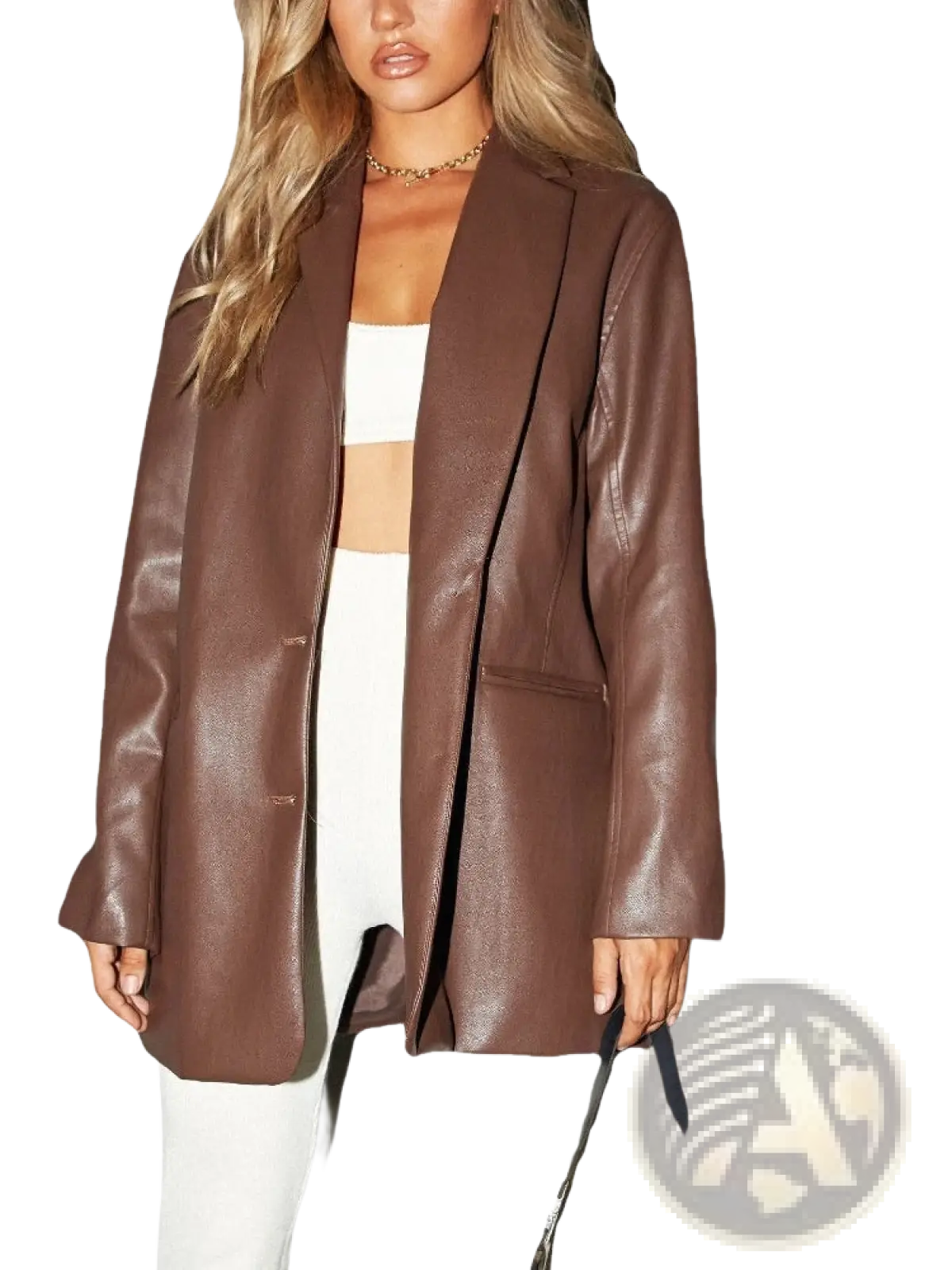 Oversized brown faux leather blazer with a sleek relaxed fit and classic double-breasted design