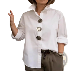 White oversized button down shirt for women featuring metallic buttons and classic button-down design