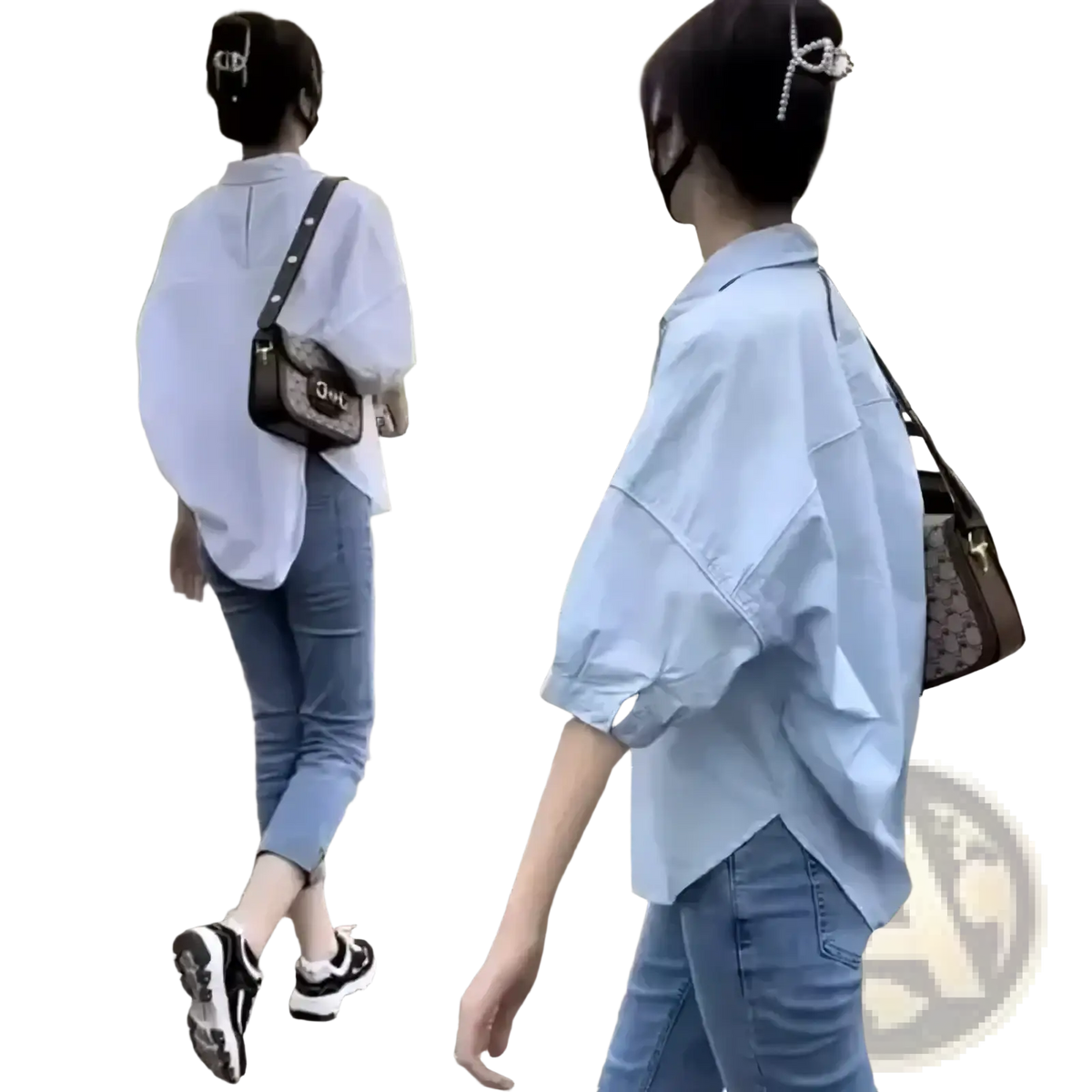 Light blue oversized button-up shirt for women with rolled sleeves and slightly asymmetrical hemline for office casual wear