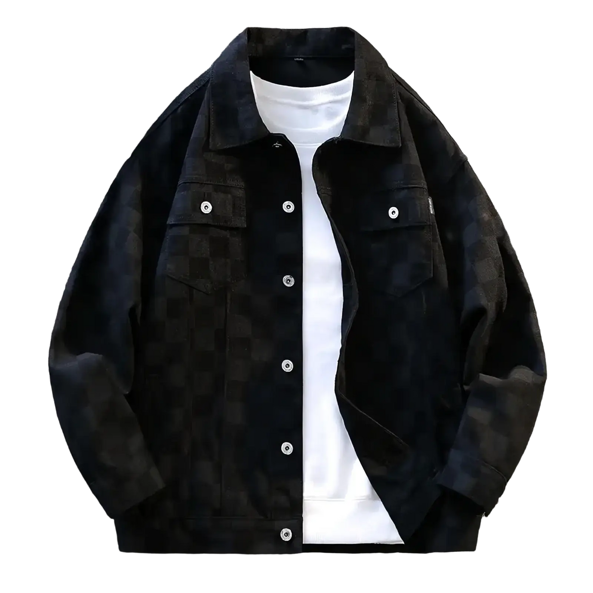 Black oversized checkerboard denim jacket for men with white buttons and collar in streetwear style