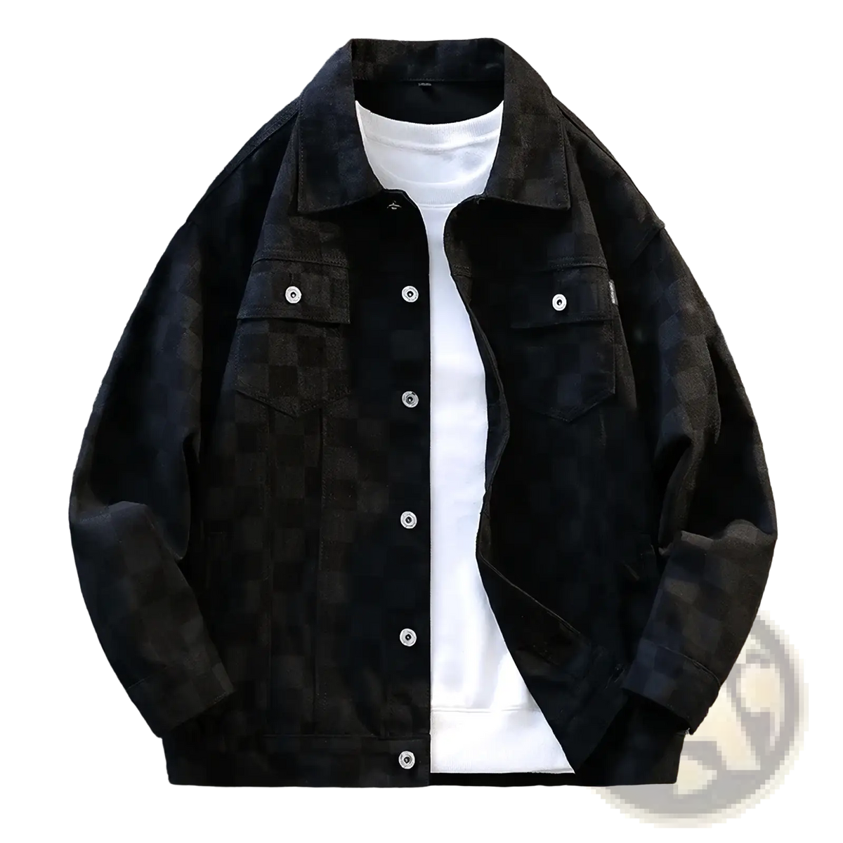 Black checkered corduroy oversized denim jacket for men with silver buttons streetwear style