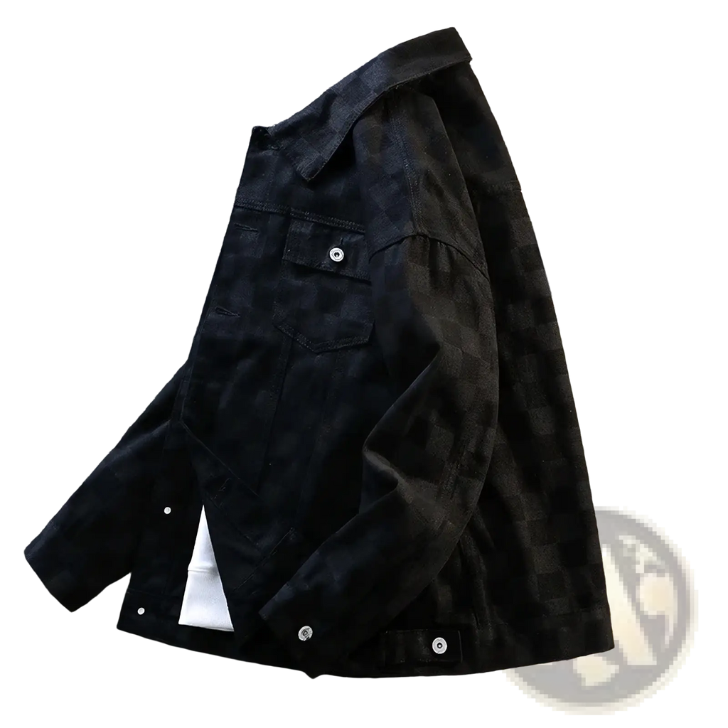 Black corduroy oversized checkerboard denim jacket for men with subtle checkered pattern and silver buttons