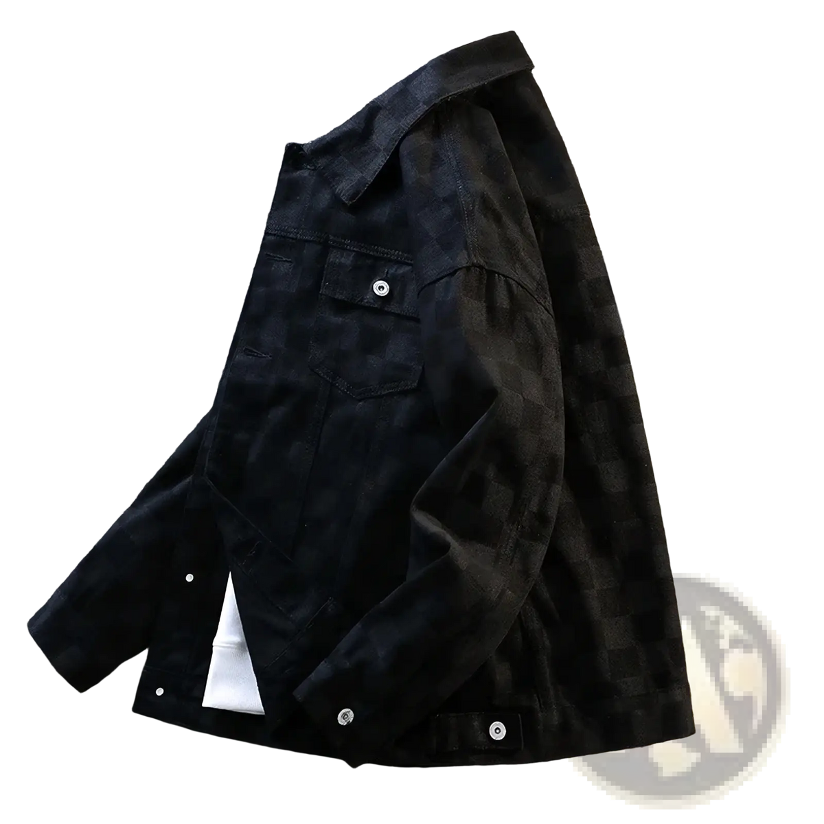 Black corduroy oversized checkerboard denim jacket for men with subtle checkered pattern and silver buttons