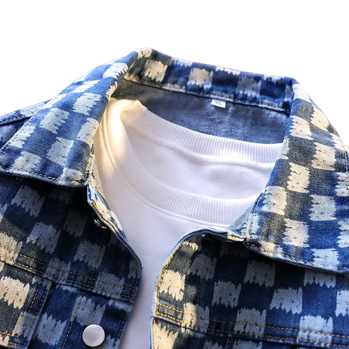 Oversized checkerboard denim jacket men streetwear with blue and cream checkered denim and white ribbed collar
