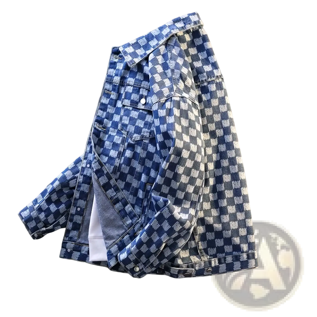 Blue and white checkered oversized denim jacket for men with a casual slightly worn look streetwear style
