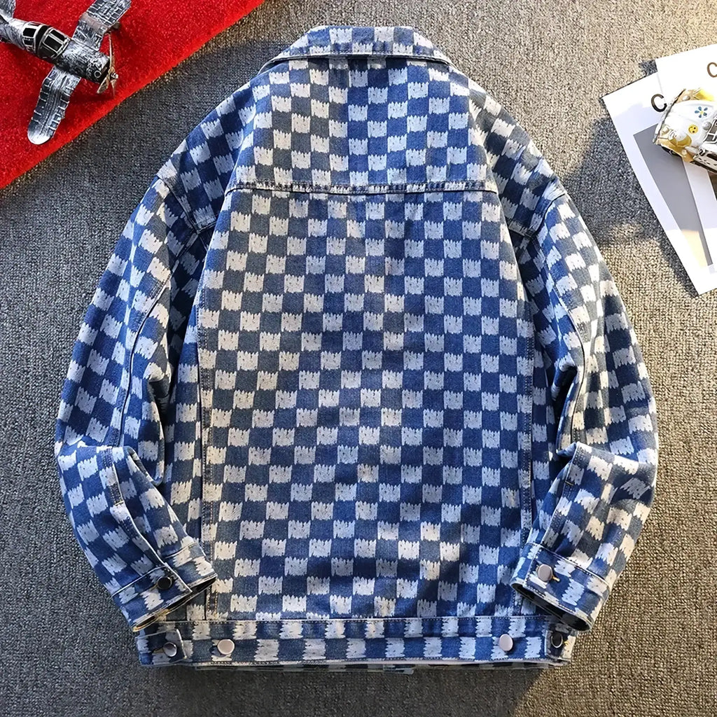 Oversized blue and white checkered denim jacket with classic collar and buttoned cuffs for men streetwear