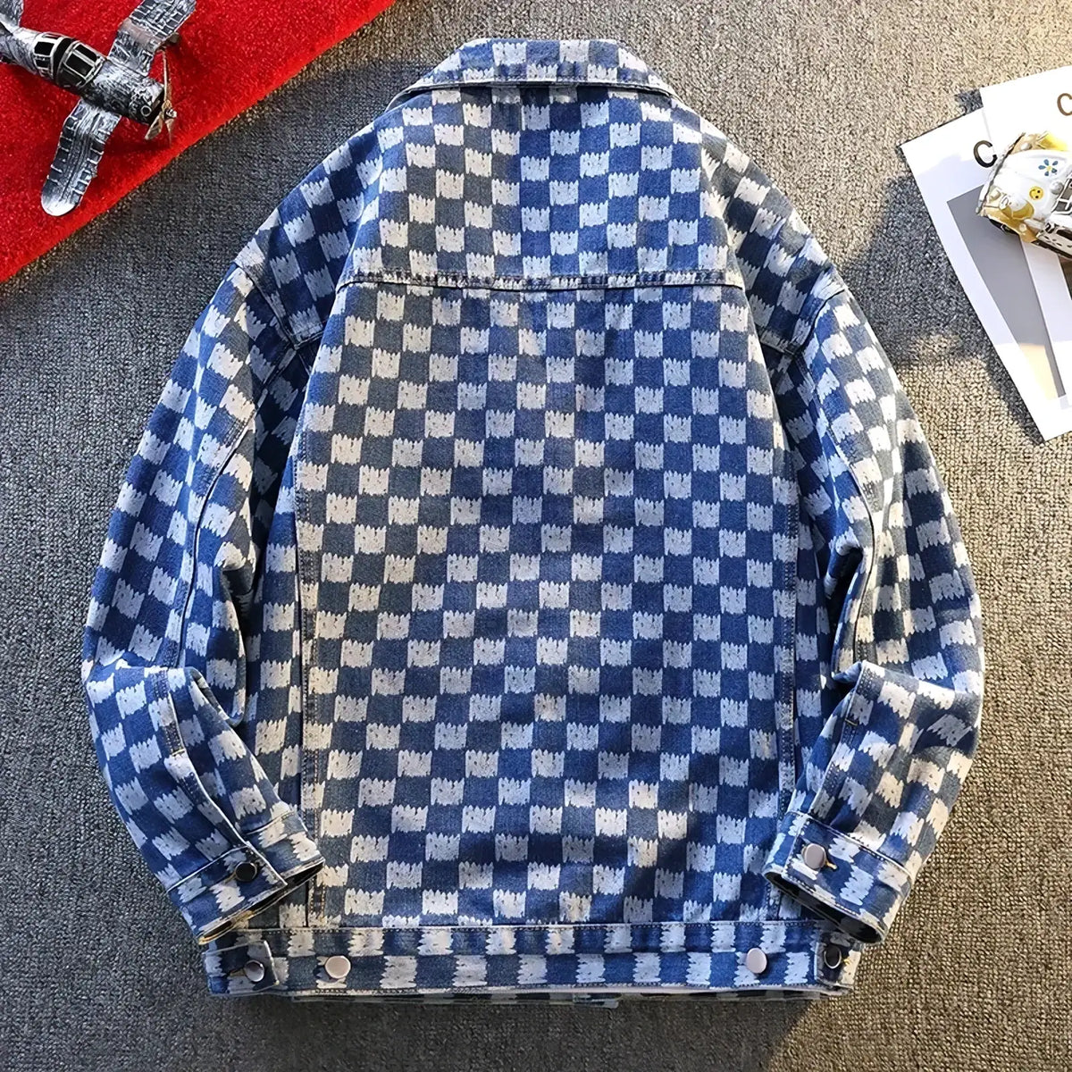 Oversized blue and white checkered denim jacket with classic collar and buttoned cuffs for men streetwear