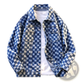 Oversized checkerboard denim jacket men streetwear in blue and white checkered pattern with button closures