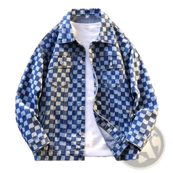 Oversized checkerboard denim jacket men streetwear in blue and white checkered pattern with button closures