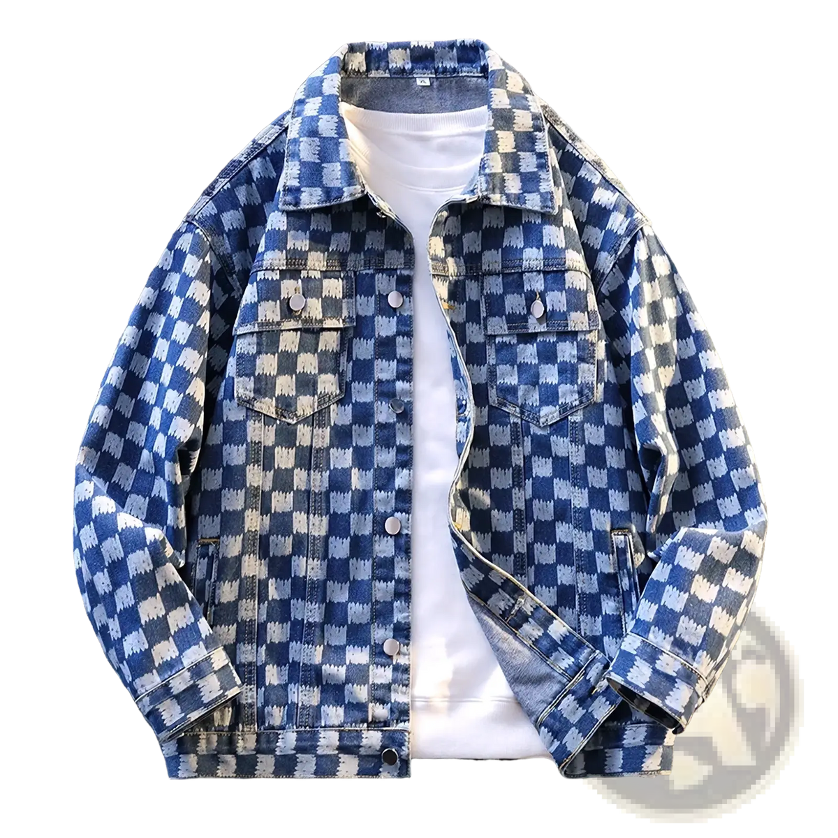 Oversized checkerboard denim jacket men streetwear in blue and white checkered pattern with button closures