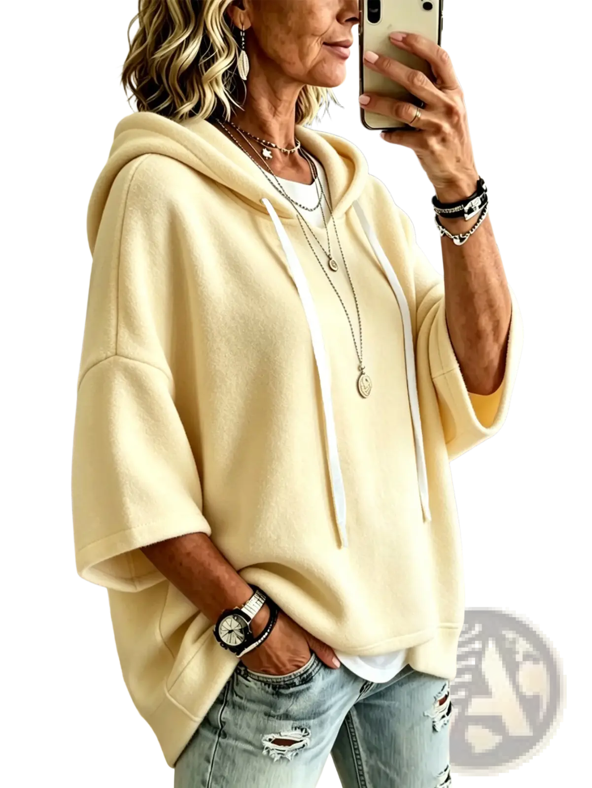 Cream-colored oversized fleece hooded top with three-quarter sleeves and white drawstrings in a relaxed fit