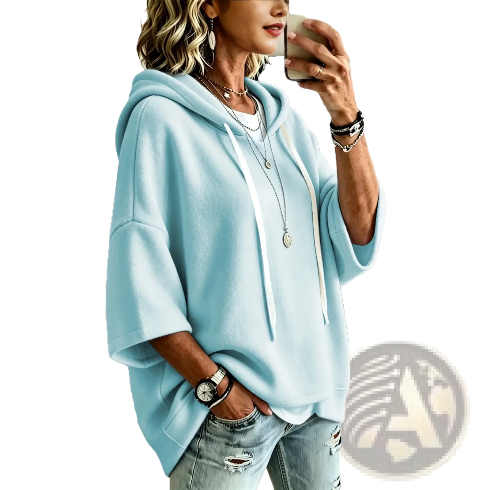 Light blue oversized fleece hooded top with white drawstrings and three-quarter sleeves in a relaxed fit
