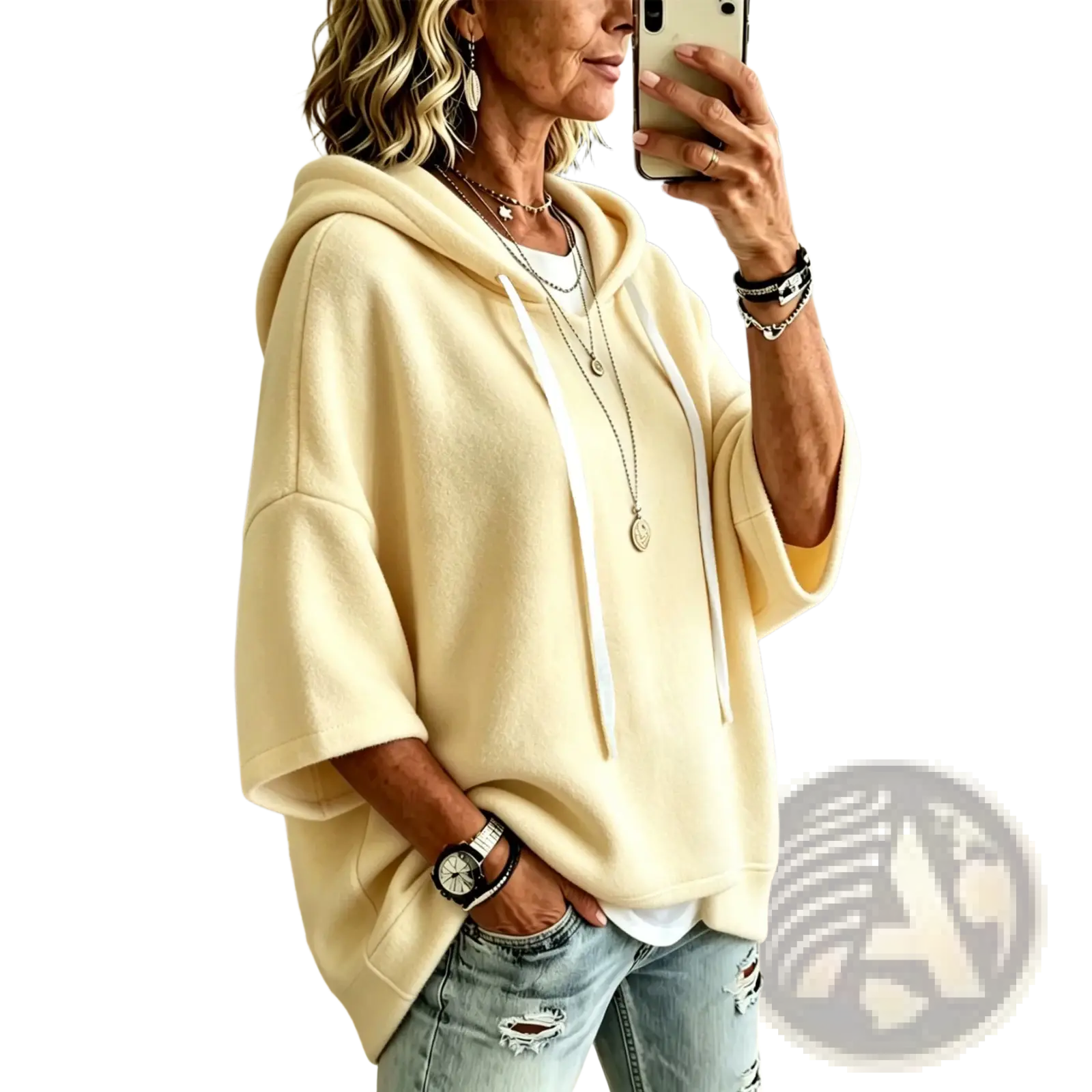 Cream-colored oversized fleece hooded top with three-quarter sleeves and white drawstrings in a relaxed fit
