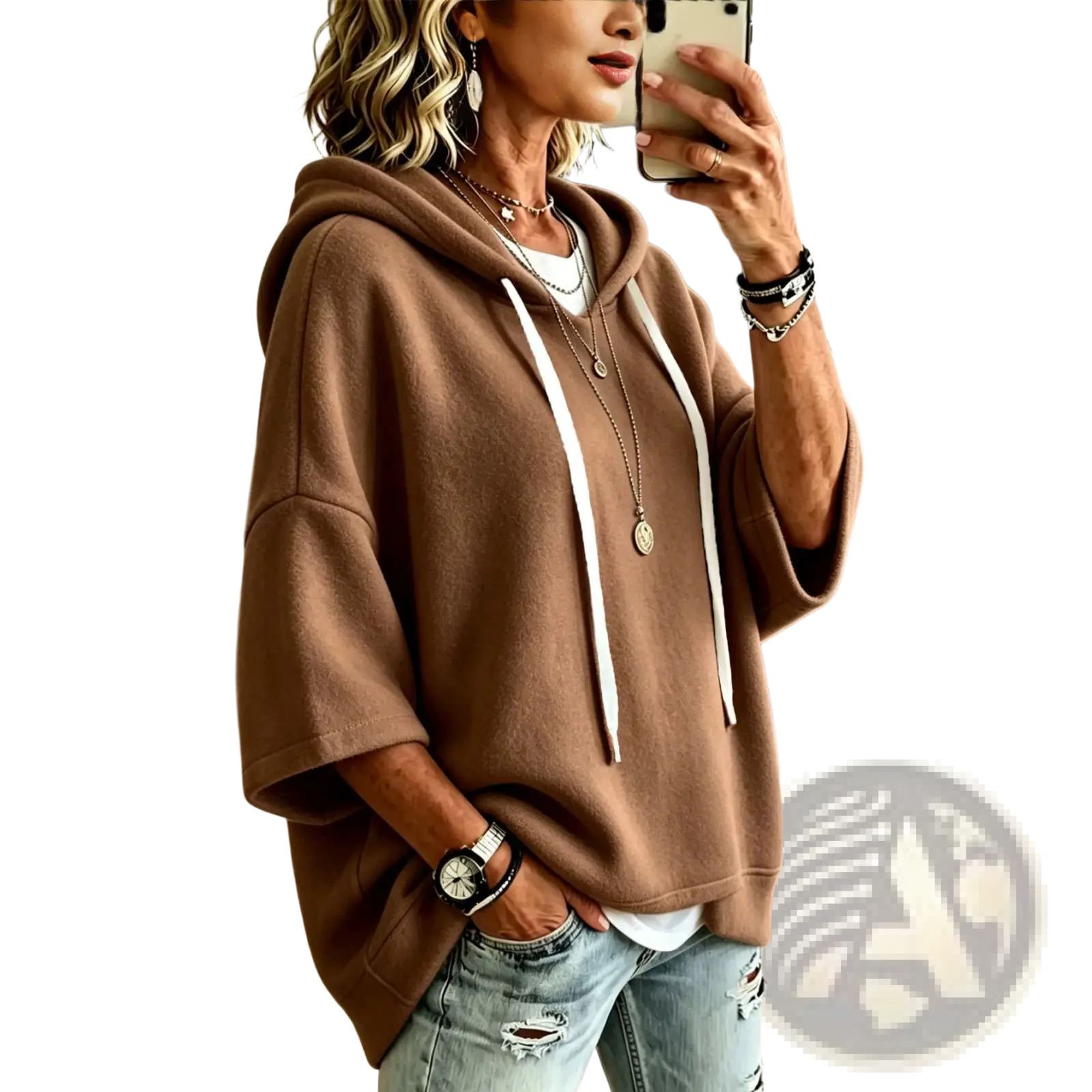 A cozy brown oversized fleece hooded top with white drawstrings and three-quarter sleeves for relaxed comfort