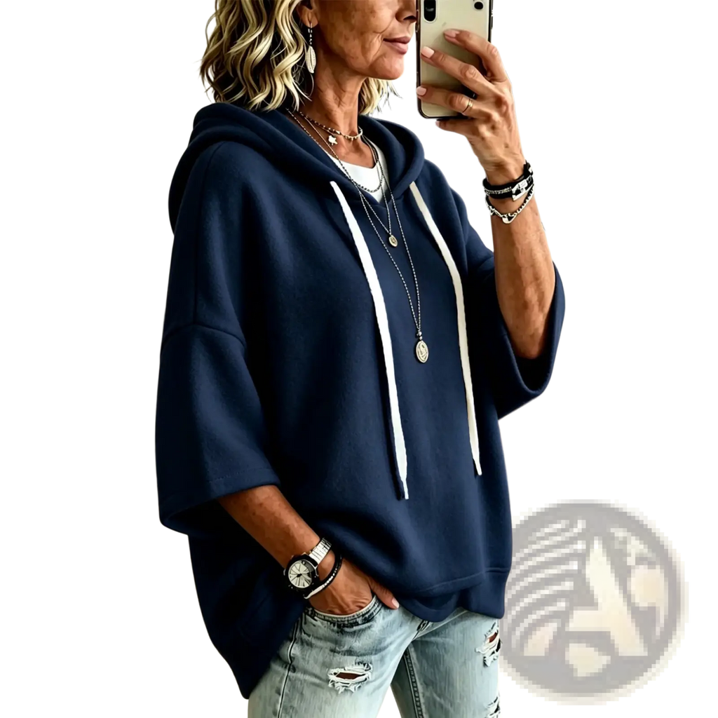 Navy blue oversized fleece hooded top with three-quarter sleeves and white drawstrings in a relaxed fit
