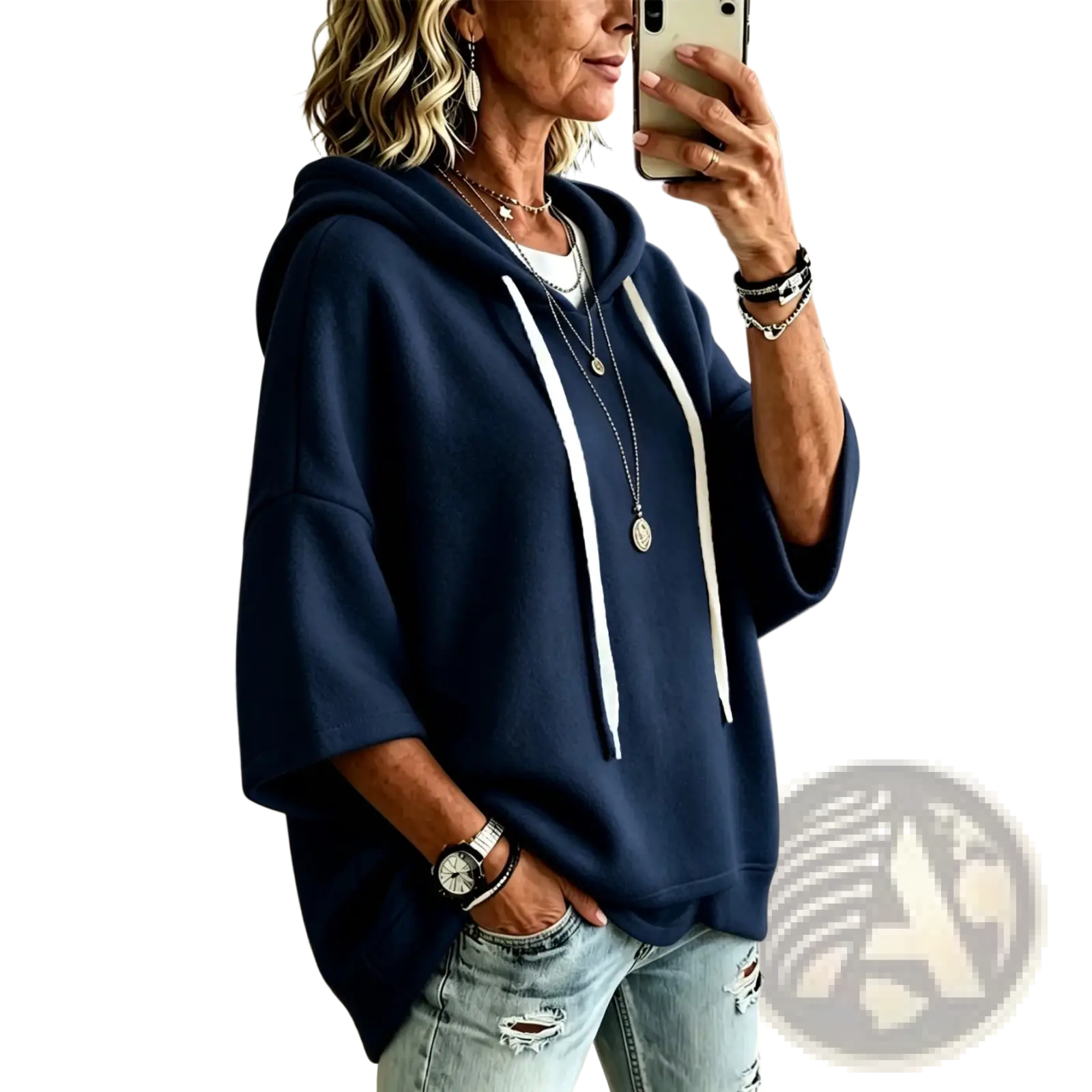 Navy blue oversized fleece hooded top with three-quarter sleeves and white drawstrings in a relaxed fit