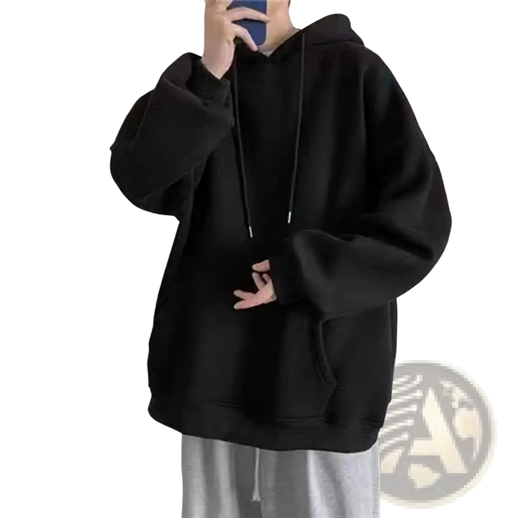 Black oversized fleece hoodie with drawstrings and front pocket casual pullover for comfortable everyday wear