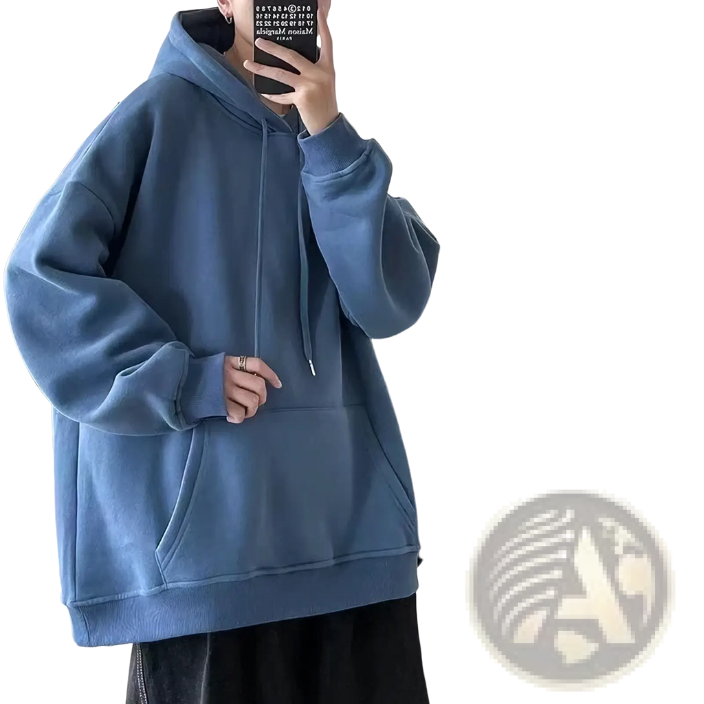 Blue oversized fleece hoodie casual pullover with drawstring hood front pocket made of soft cotton fabric
