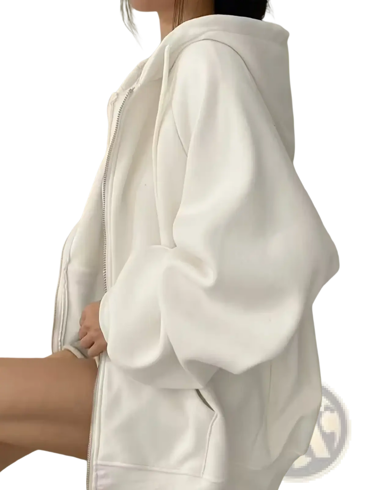 White oversized fleece zip hoodie with puffy sleeves and soft plush fabric texture, front view