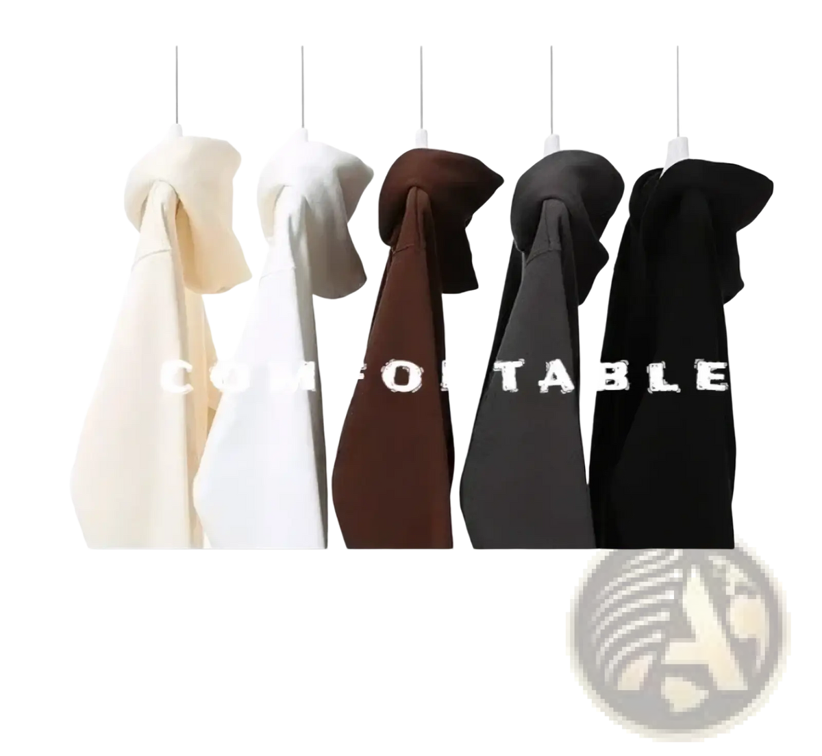 Five unisex oversized fleece zip hoodies in cream white brown gray and black made of loose cotton hang on hangers