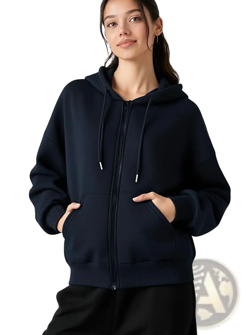 Navy blue oversized fleece zip hoodie with drawstrings and front pockets for casual comfort and warmth