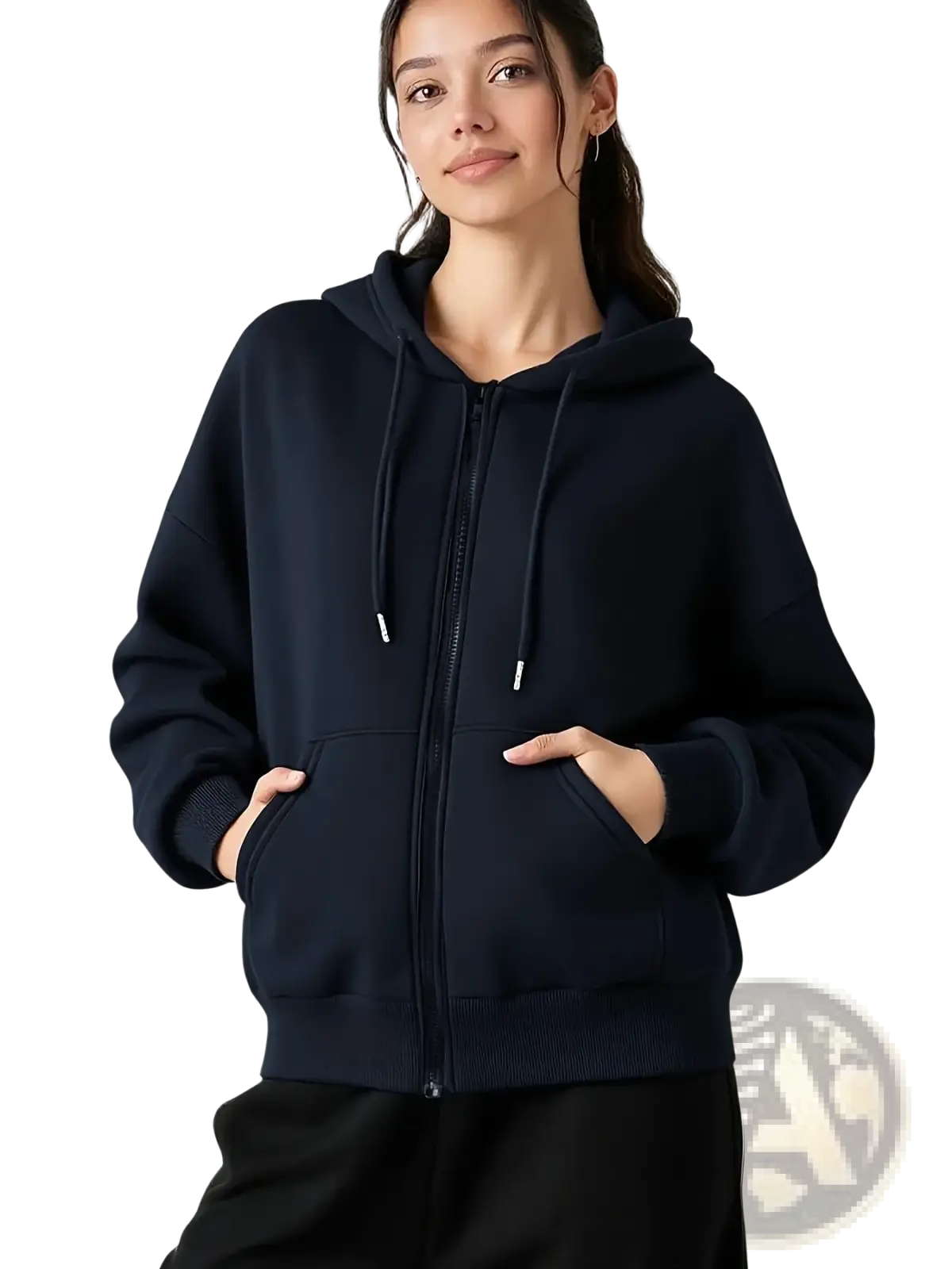 Navy blue oversized fleece zip hoodie with drawstrings and front pockets for casual comfort and warmth