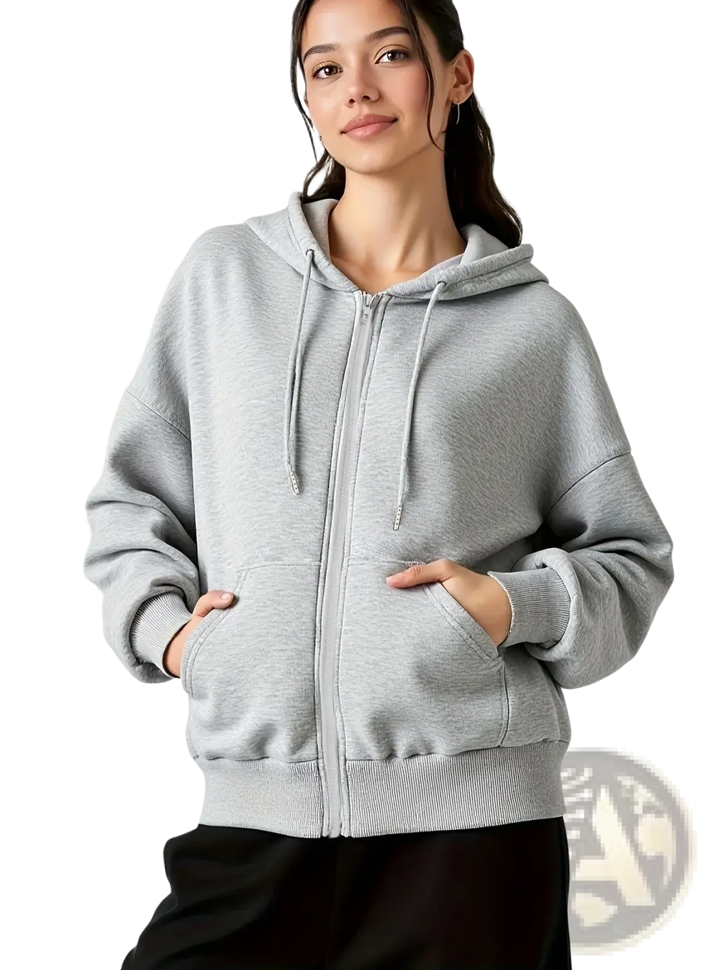 A soft heather gray oversized fleece zip hoodie with a relaxed fit and ribbed cuffs