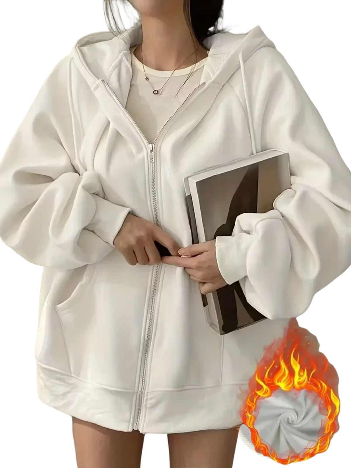 White oversized fleece zip hoodie with cozy fleece lining and relaxed fit ideal for casual wear