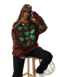 Brown oversized heart pattern graphic sweatshirt with green heart graphics and striped cuffs, casual cotton material