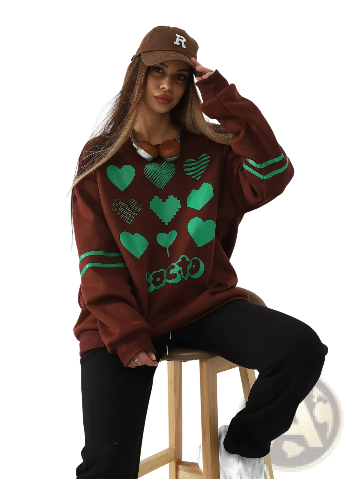 Brown oversized heart pattern graphic sweatshirt with green heart graphics and striped cuffs, casual cotton material